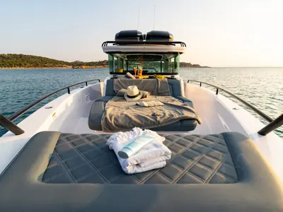 Deck of MY CHARACTER, a Axopar 37 XC Cross Cabin motorboat at Kalyvia Thorikou Municipal Unit, Greece