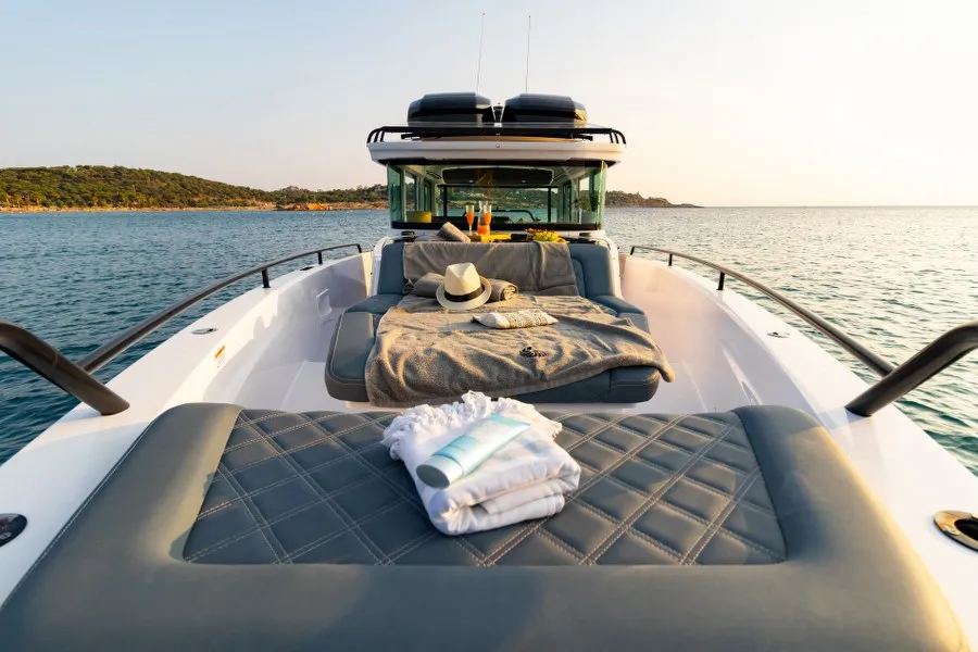 Deck of MY CHARACTER, a Axopar 37 XC Cross Cabin motorboat at Kalyvia Thorikou Municipal Unit, Greece