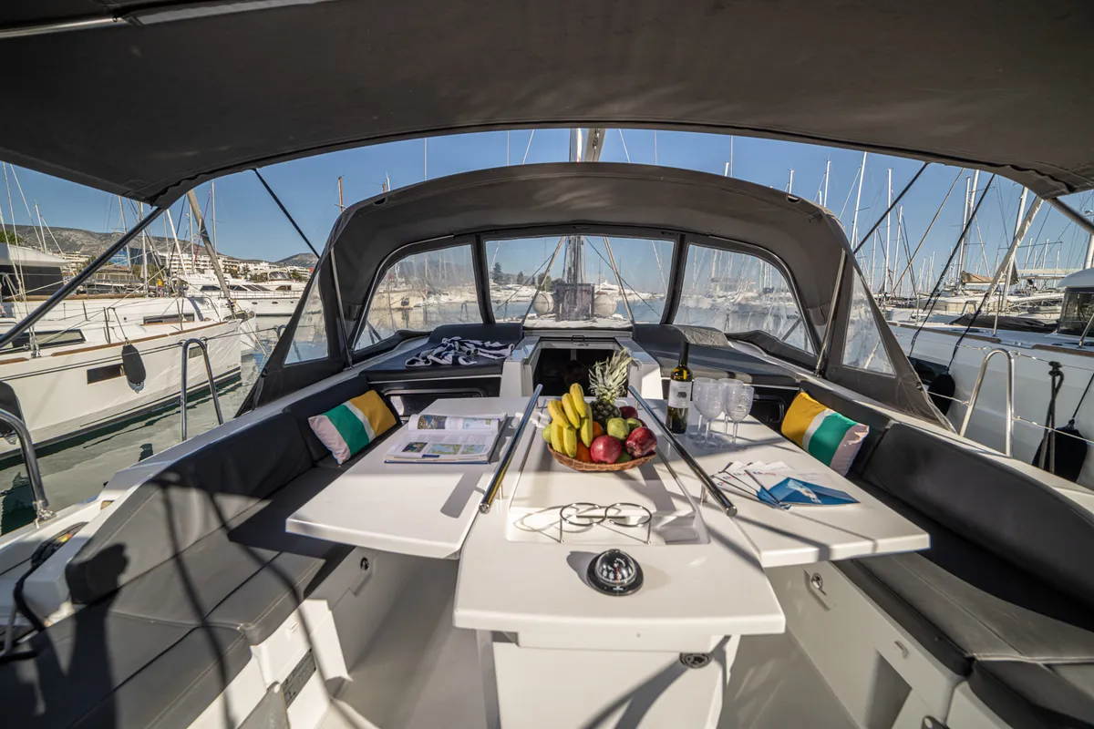 Cockpit of Mary Too, a Beneteau Oceanis 46.1 sailboat at Athens, Greece