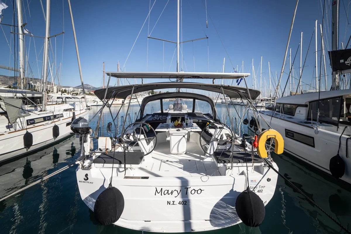 Exterior view of Mary Too, a Beneteau Oceanis 46.1 sailboat at Athens, Greece