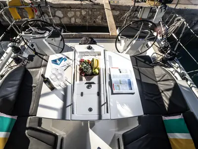 Cockpit of Mary Too, a Beneteau Oceanis 46.1 sailboat at Athens, Greece