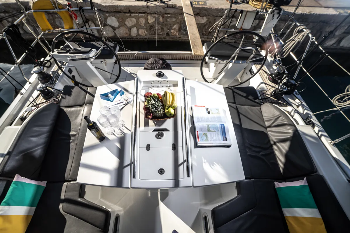 Cockpit of Mary Too, a Beneteau Oceanis 46.1 sailboat at Athens, Greece