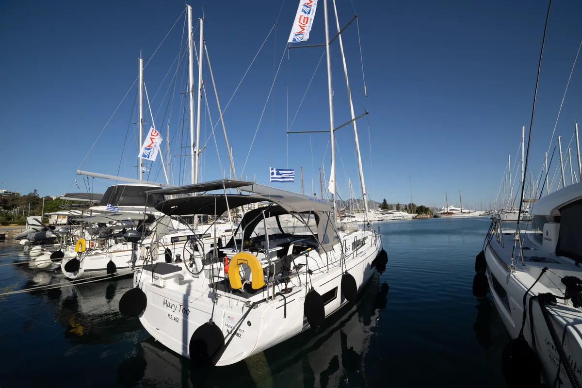 Exterior view of Mary Too, a Beneteau Oceanis 46.1 sailboat at Athens, Greece