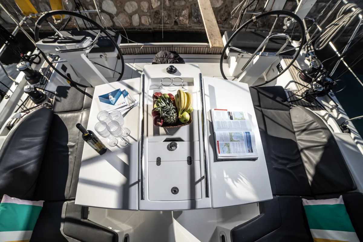 Cockpit of Mary Too, a Beneteau Oceanis 46.1 sailboat at Athens, Greece