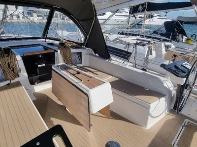 Cockpit of Skyline, a Dufour 37 sailboat at Vallauris, France