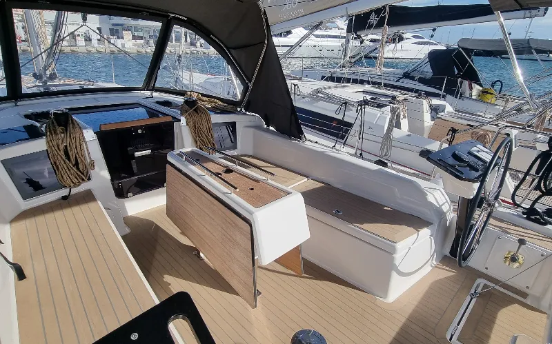 Cockpit of Skyline, a Dufour 37 sailboat at Vallauris, France