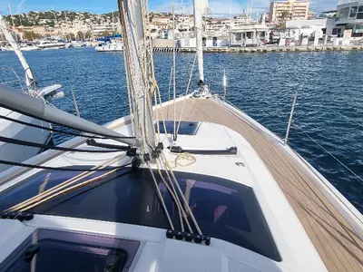 Deck of Skyline, a Dufour 37 sailboat at Vallauris, France