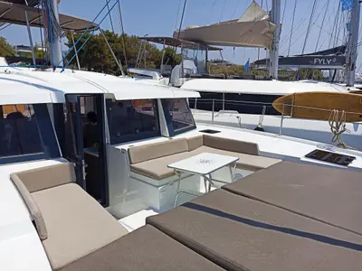 Deck of Mare Blu, a Bali 4.2 catamaran at Athens, Greece