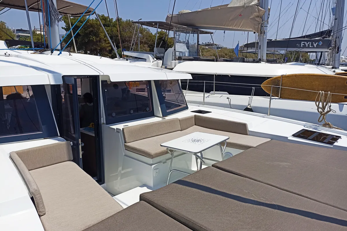 Deck of Mare Blu, a Bali 4.2 catamaran at Athens, Greece