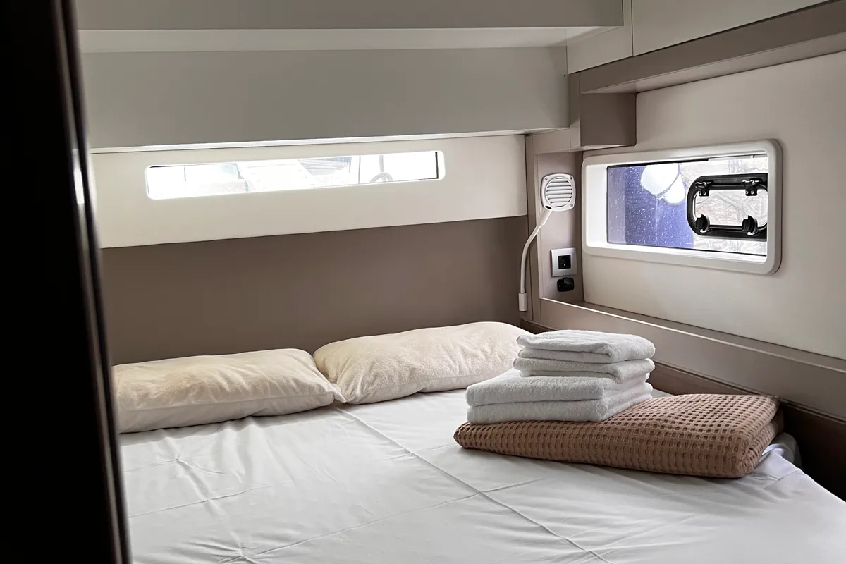 Cabin on Mare Blu, a Bali 4.2 catamaran at Athens, Greece