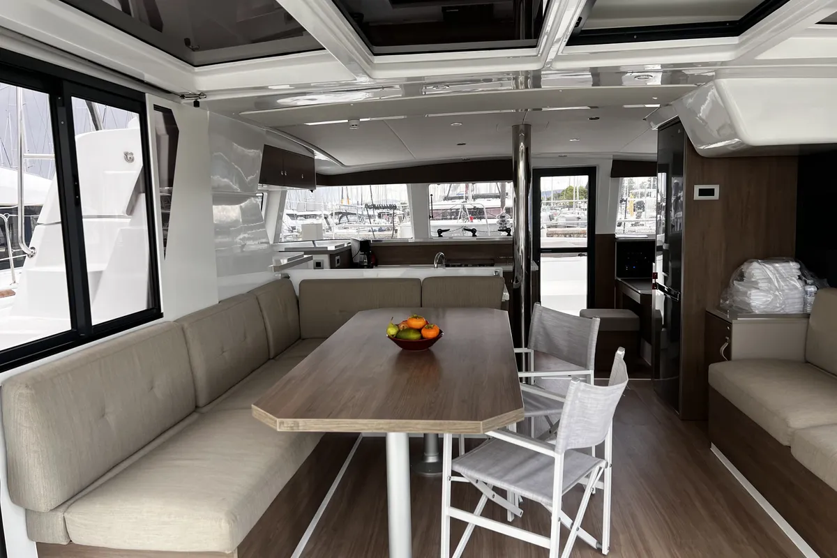Salon of Mare Blu, a Bali 4.2 catamaran at Athens, Greece