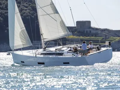 Exterior view of Blue Moon 2, a Dufour 430 sailboat at Parikia, Greece