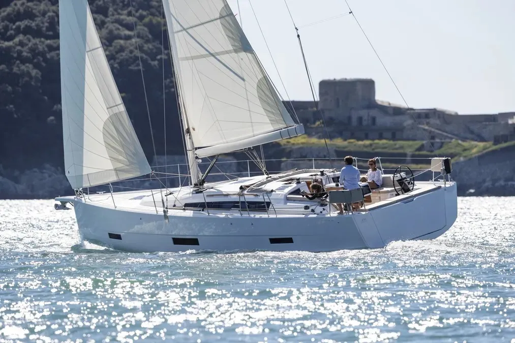 Exterior view of Blue Moon 2, a Dufour 430 sailboat at Parikia, Greece
