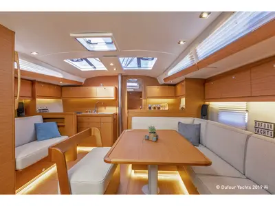 Salon of Blue Moon 2, a Dufour 430 sailboat at Parikia, Greece