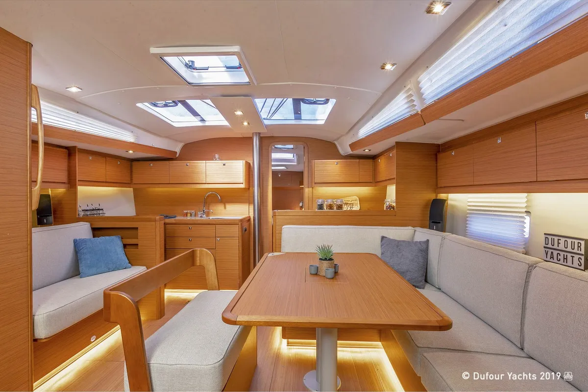 Salon of Blue Moon 2, a Dufour 430 sailboat at Parikia, Greece