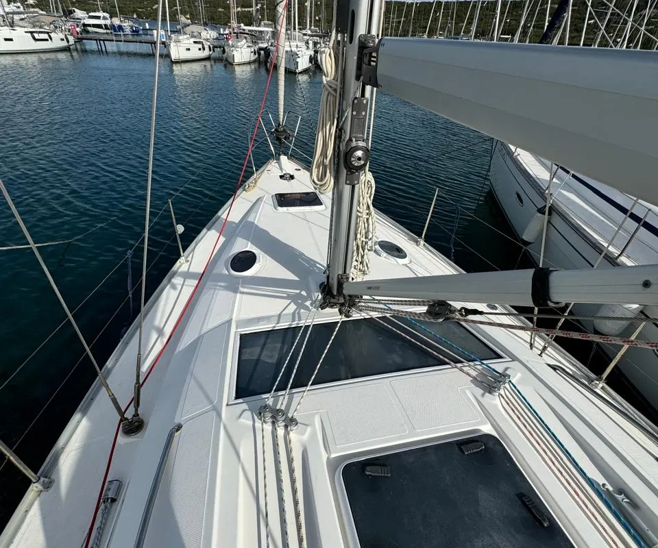 Deck of Sinje Sanje, a Elan 384 Impression sailboat at Punat, Croatia