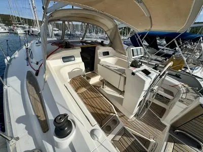 Deck of Sinje Sanje, a Elan 384 Impression sailboat at Punat, Croatia