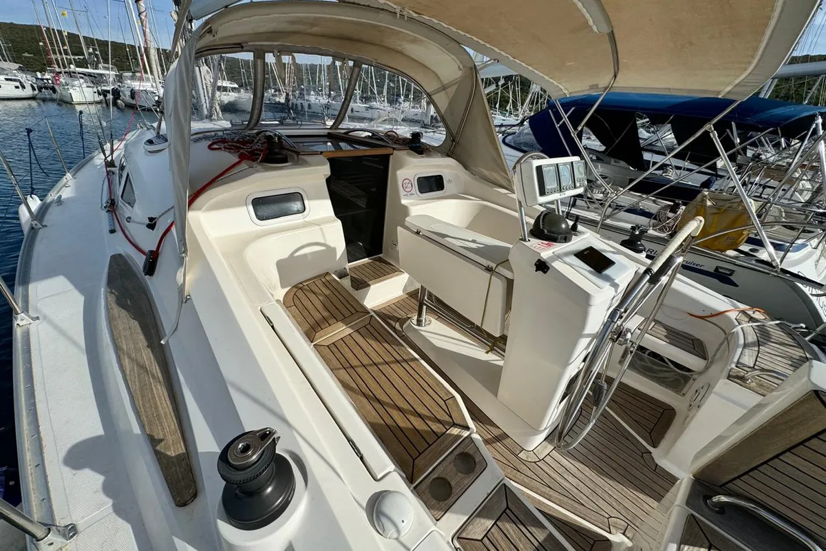 Deck of Sinje Sanje, a Elan 384 Impression sailboat at Punat, Croatia