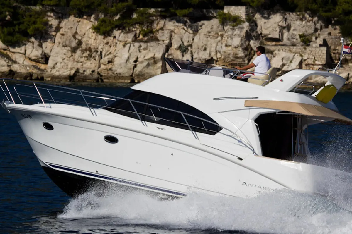 Exterior view of Galeb, a Beneteau Antares 36 motor yacht at Grad Novalja, Croatia