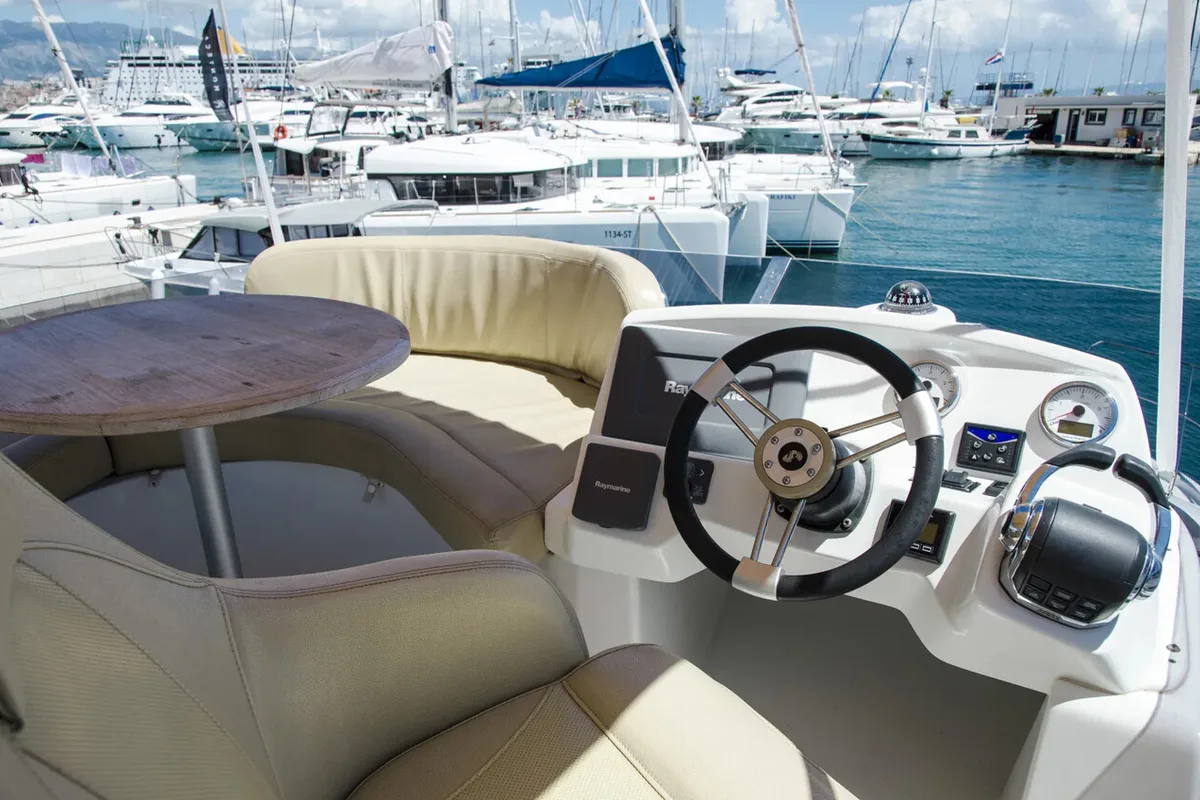 Cockpit of Galeb, a Beneteau Antares 36 motor yacht at Grad Novalja, Croatia