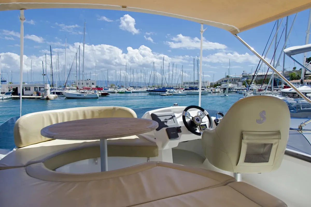 Cockpit of Galeb, a Beneteau Antares 36 motor yacht at Grad Novalja, Croatia