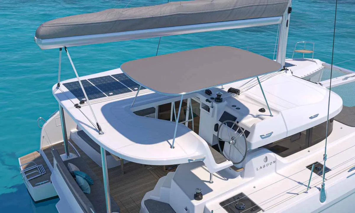 Cockpit of Marica, a Lagoon 38 catamaran at Grad Šibenik, Croatia