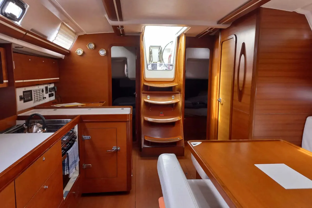 Galley of Ambiente V, a Dufour 445 Grand Large sailboat at Marmaris, Turkey
