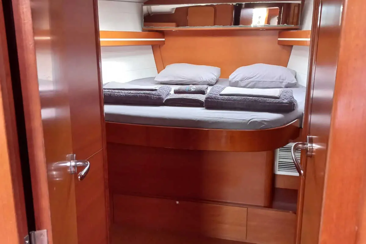 Cabin on Ambiente V, a Dufour 445 Grand Large sailboat at Marmaris, Turkey