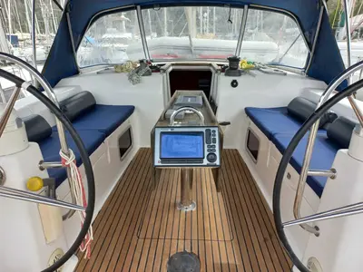 Cockpit of Ambiente V, a Dufour 445 Grand Large sailboat at Marmaris, Turkey