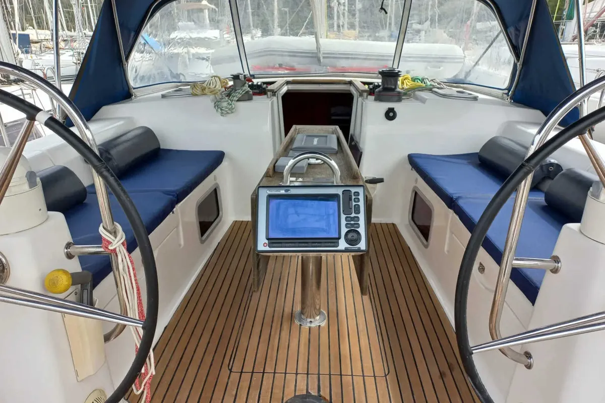 Cockpit of Ambiente V, a Dufour 445 Grand Large sailboat at Marmaris, Turkey