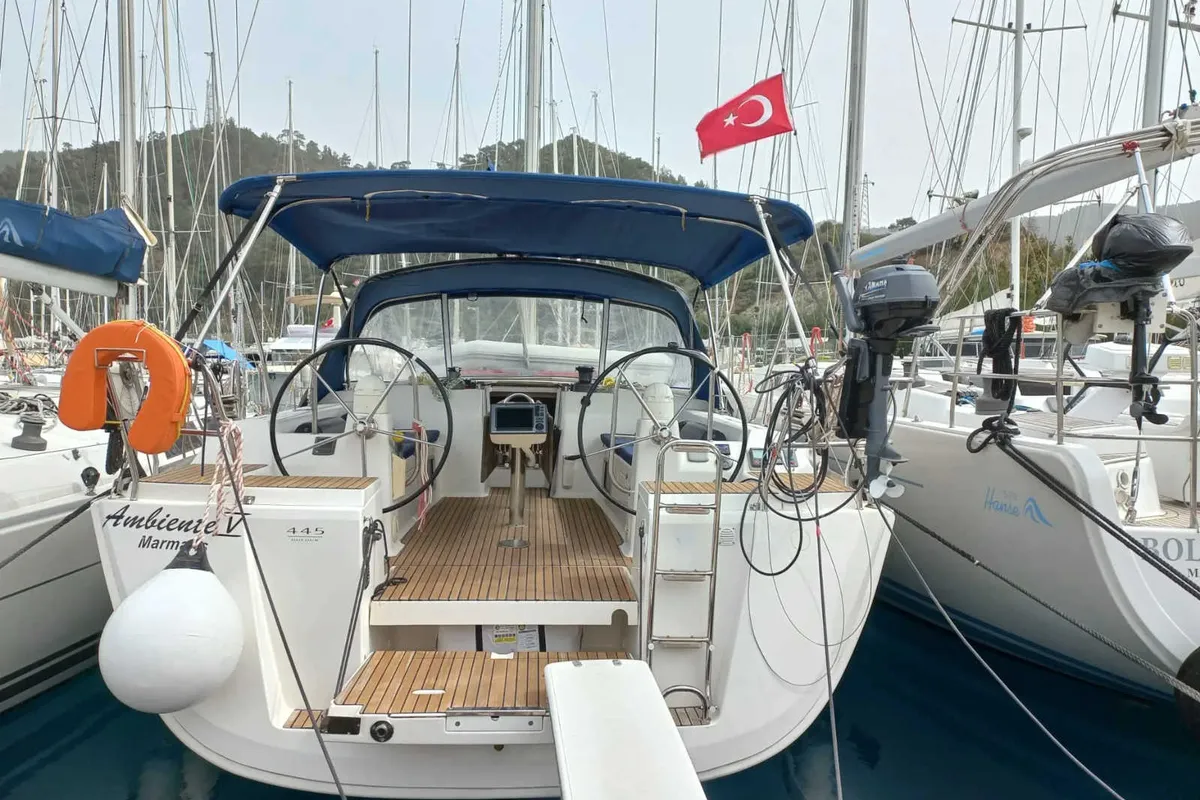 Exterior view of Ambiente V, a Dufour 445 Grand Large sailboat at Marmaris, Turkey