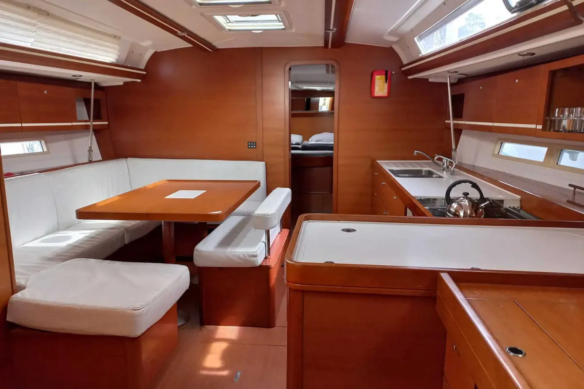 Salon of Ambiente V, a Dufour 445 Grand Large sailboat at Marmaris, Turkey