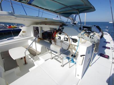 Cockpit of Marimar, a Lagoon 421 catamaran at Cienfuegos, Cuba