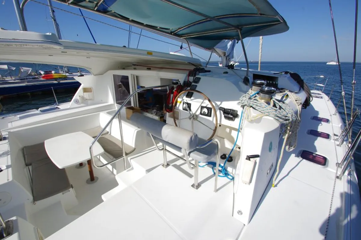 Cockpit of Marimar, a Lagoon 421 catamaran at Cienfuegos, Cuba