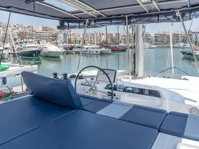 Cockpit of Anastasia, a Lagoon 46 catamaran at Piraeus, Greece