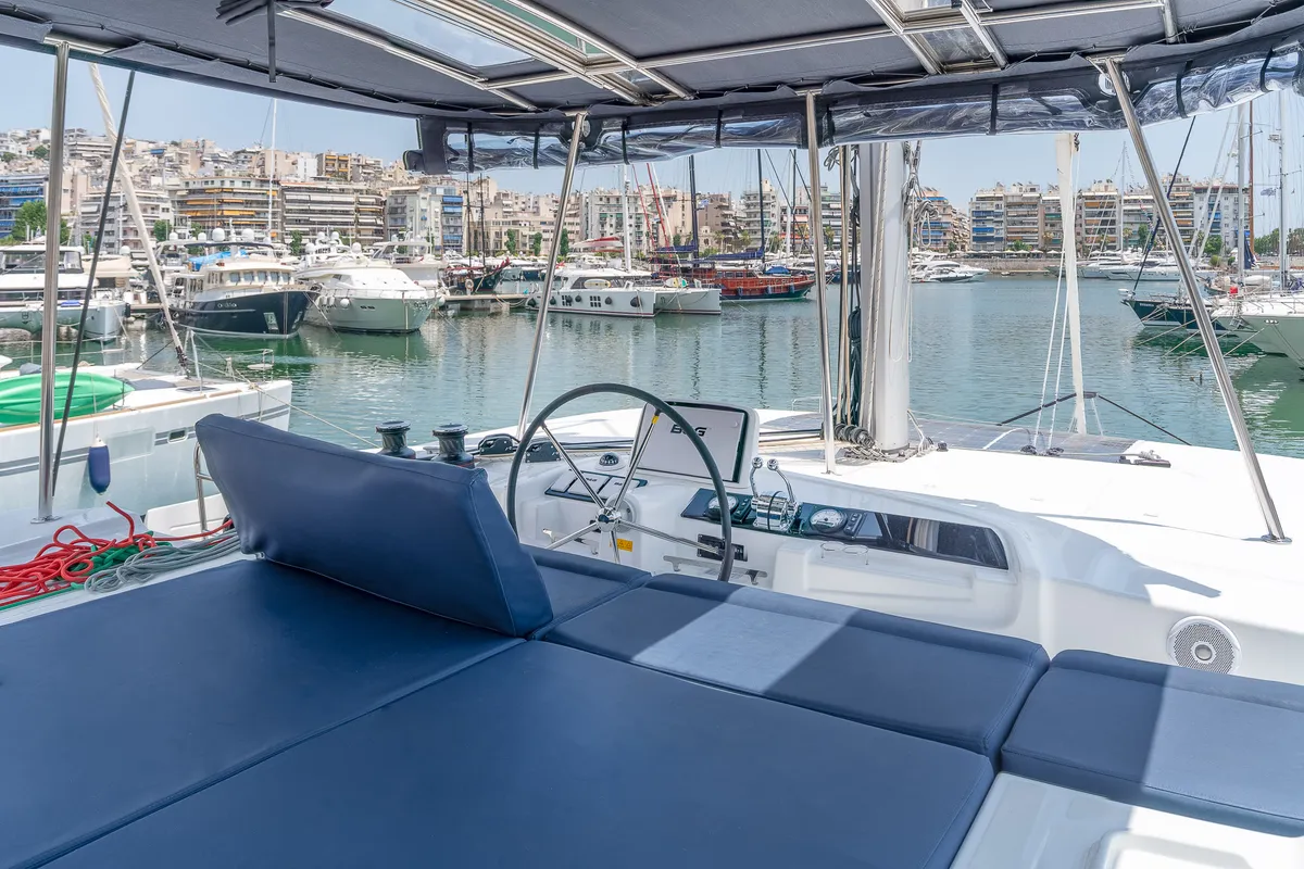 Cockpit of Anastasia, a Lagoon 46 catamaran at Piraeus, Greece
