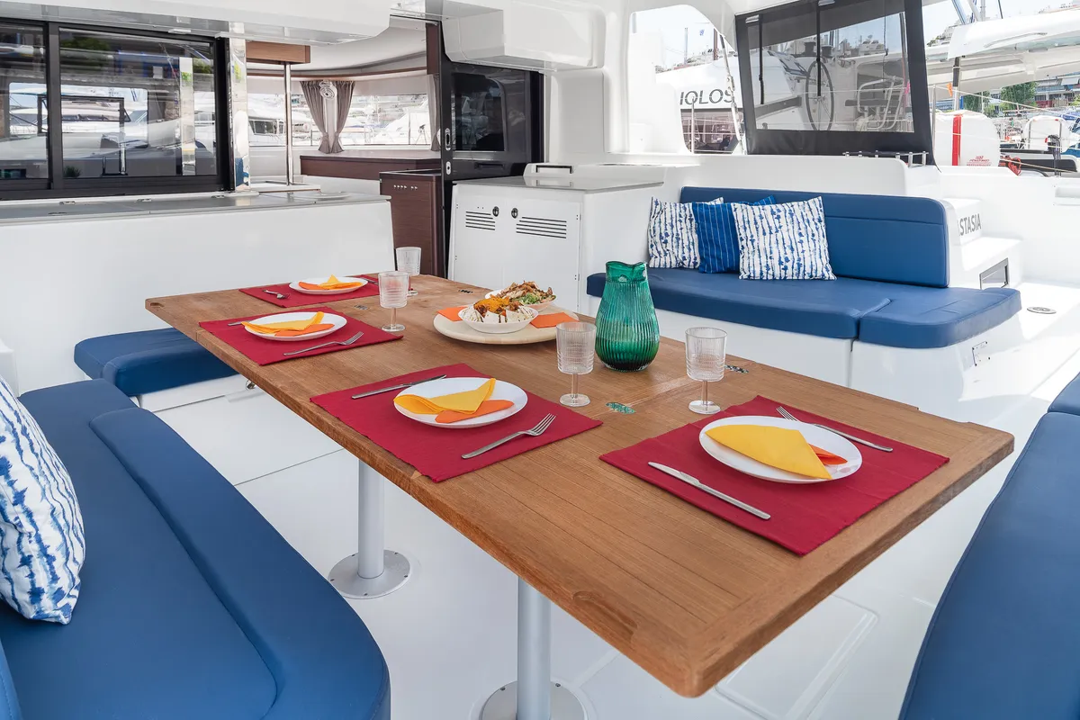 Deck of Anastasia, a Lagoon 46 catamaran at Piraeus, Greece