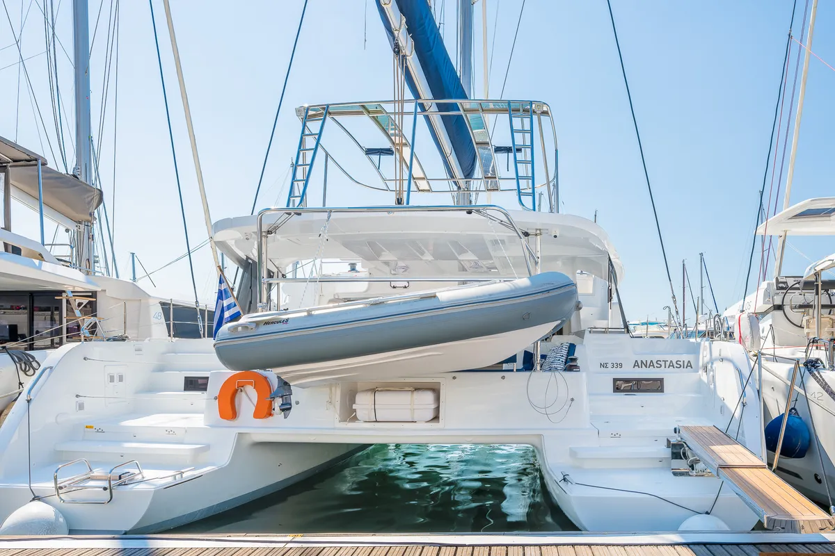 Exterior view of Anastasia, a Lagoon 46 catamaran at Piraeus, Greece