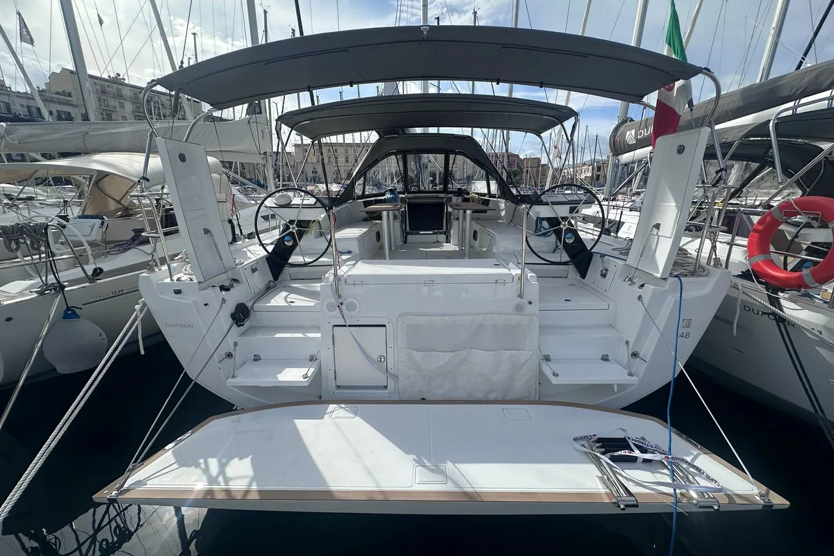 Exterior view of Thetis, a Dufour 48 sailboat at Procida, Italy