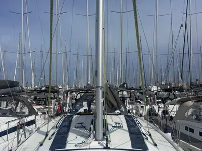 Deck of Thetis, a Dufour 48 sailboat at Procida, Italy