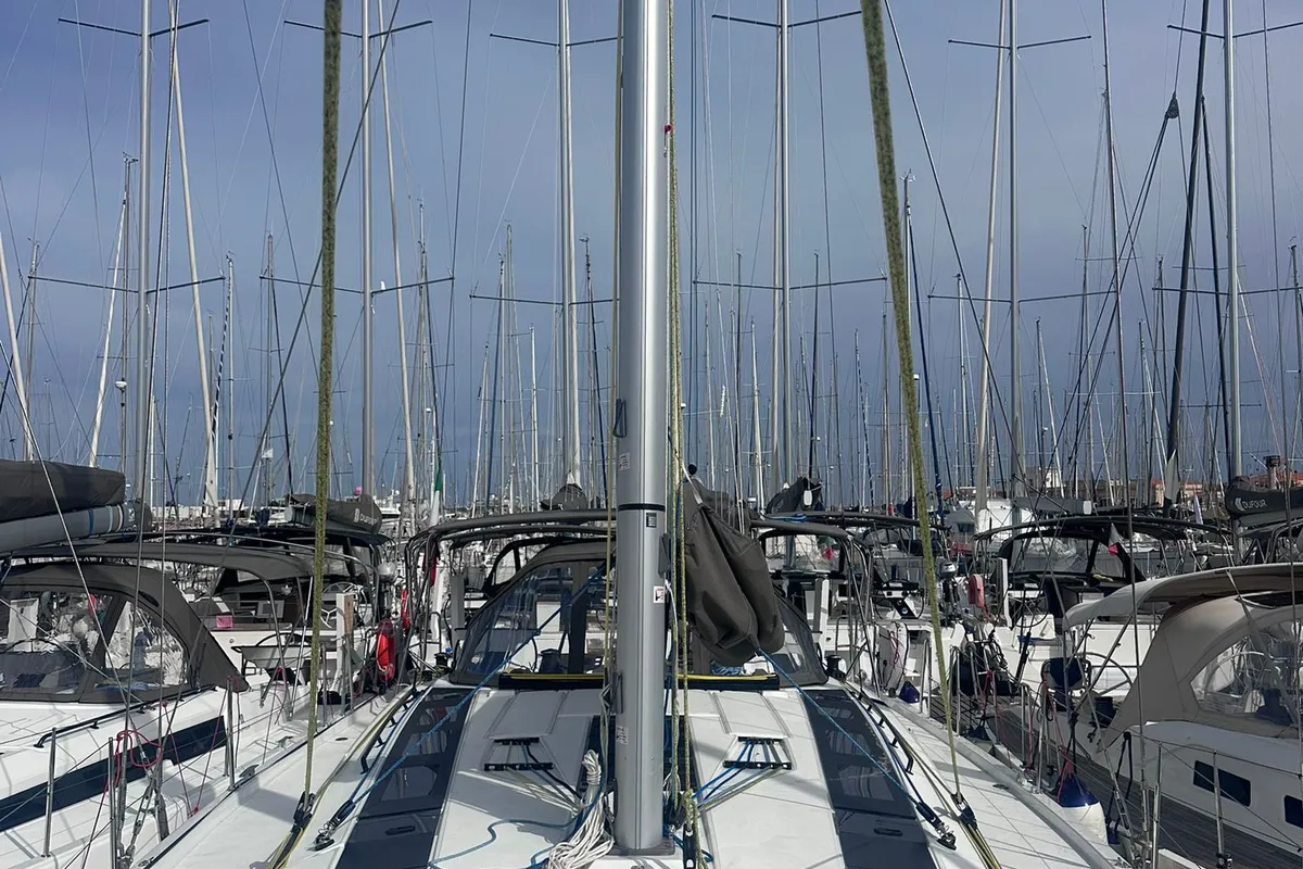 Deck of Thetis, a Dufour 48 sailboat at Procida, Italy