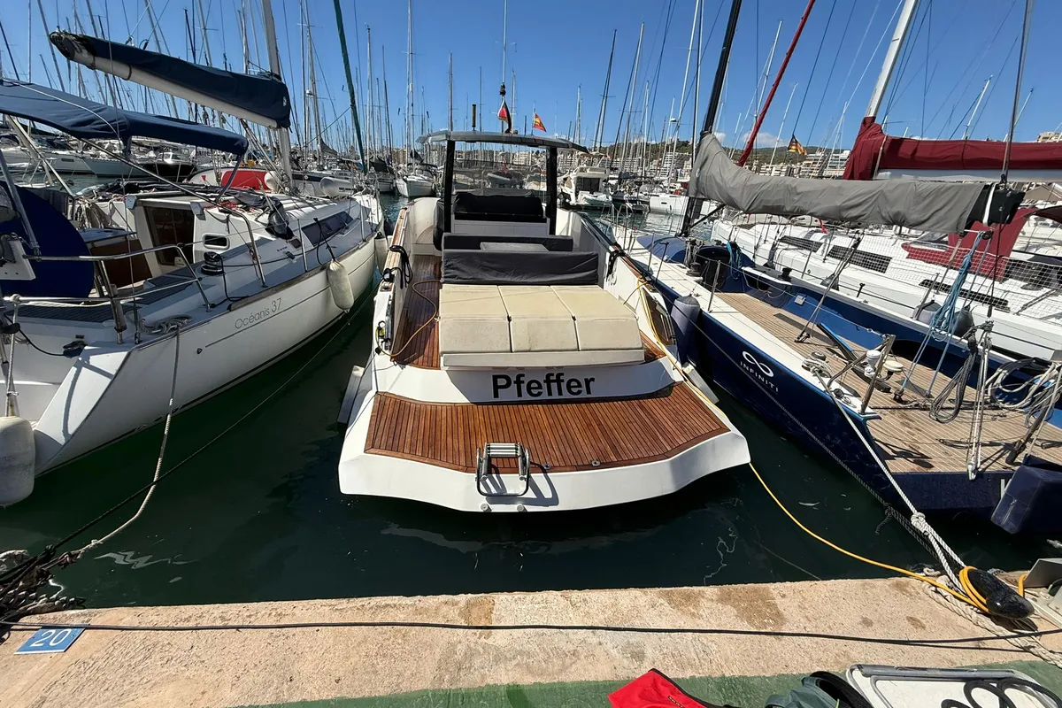Exterior view of Pfeffer, a Gulet x-reuse motorboat at Palma de Mallorca, Spain