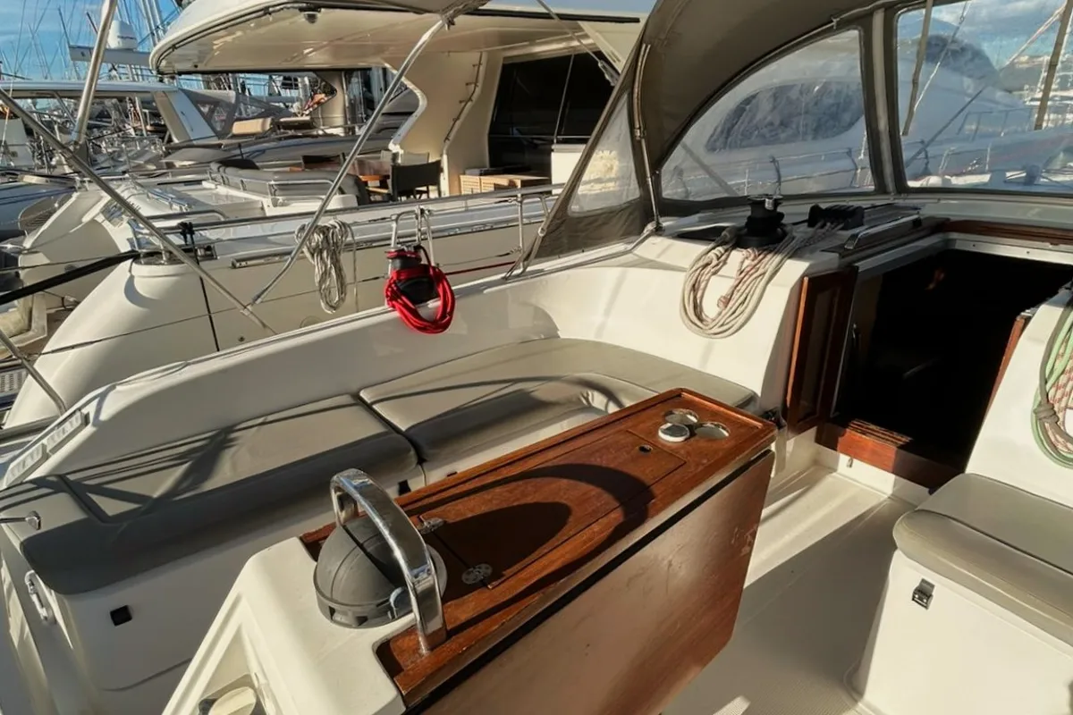 Cockpit of Leonidas III, a Bavaria Cruiser 51 sailboat at Athens, Greece