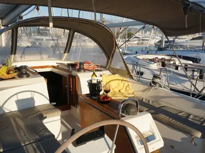 Cockpit of Leonidas III, a Bavaria Cruiser 51 sailboat at Athens, Greece