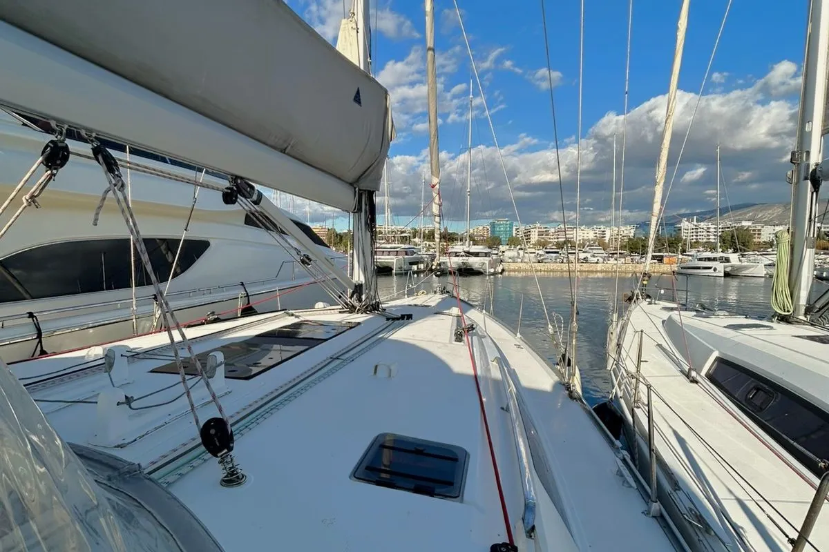 Deck of Leonidas III, a Bavaria Cruiser 51 sailboat at Athens, Greece