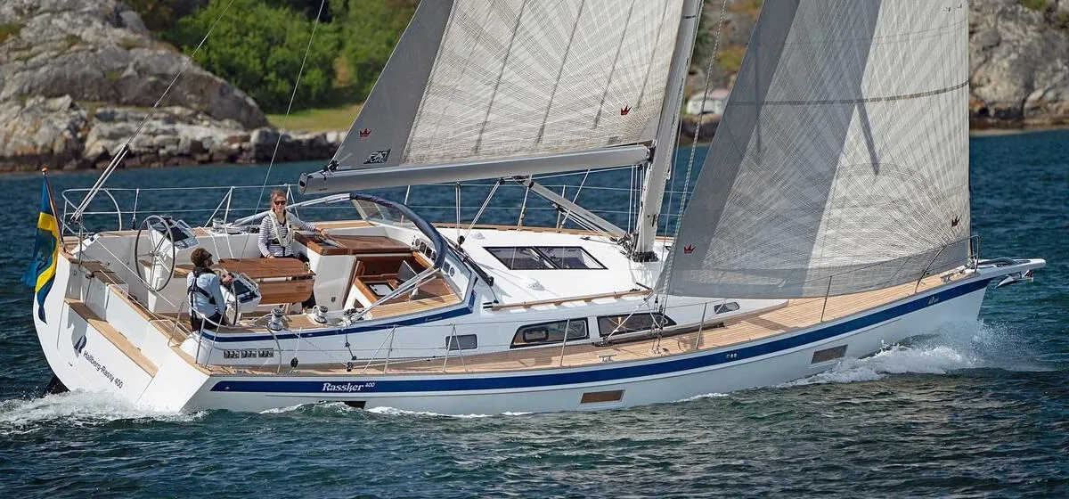 Exterior view of Maguelone, a Hallberg-Rassy 400 sailboat at Heiligenhafen, Germany