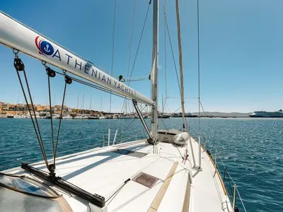 Deck of Maistros, a Jeanneau Sun Odyssey 519 sailboat at Lavreotiki Municipal Unit, Greece
