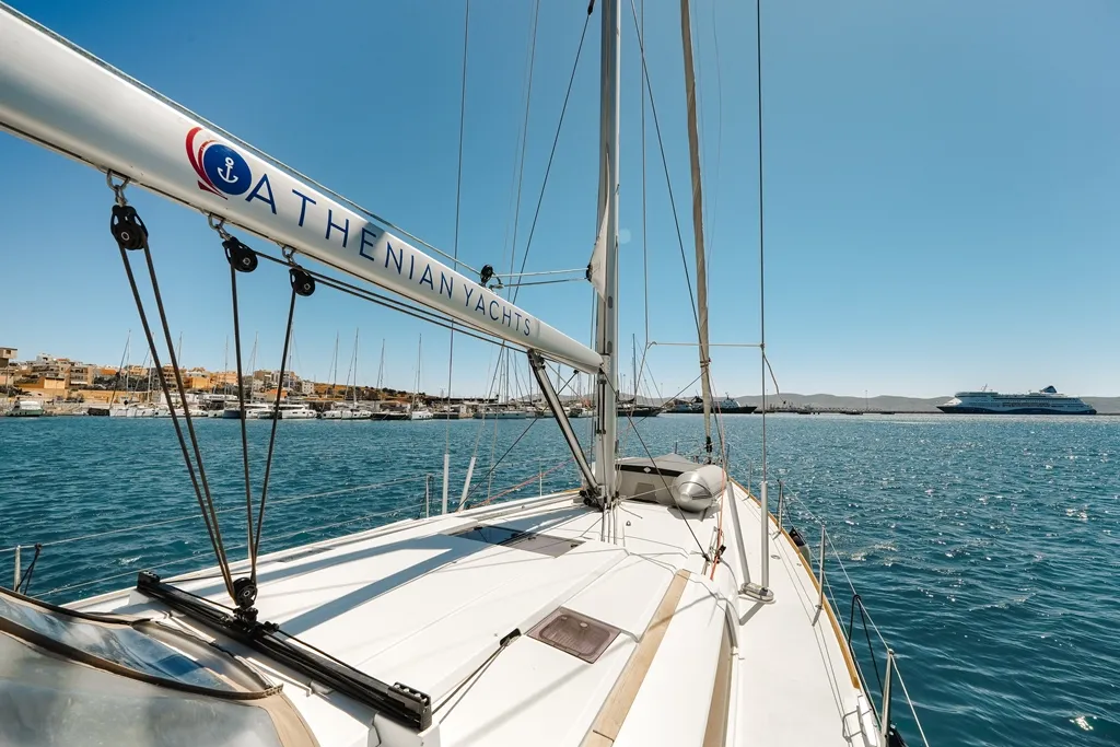 Deck of Maistros, a Jeanneau Sun Odyssey 519 sailboat at Lavreotiki Municipal Unit, Greece