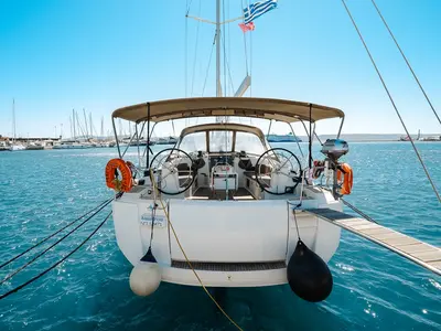Cockpit of Maistros, a Jeanneau Sun Odyssey 519 sailboat at Lavreotiki Municipal Unit, Greece