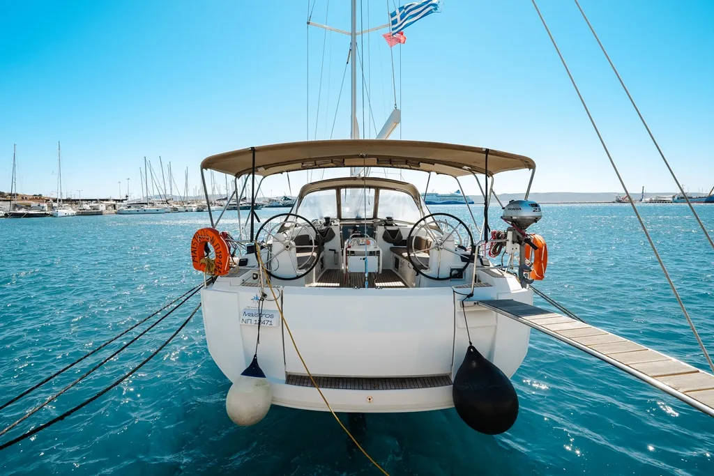 Cockpit of Maistros, a Jeanneau Sun Odyssey 519 sailboat at Lavreotiki Municipal Unit, Greece